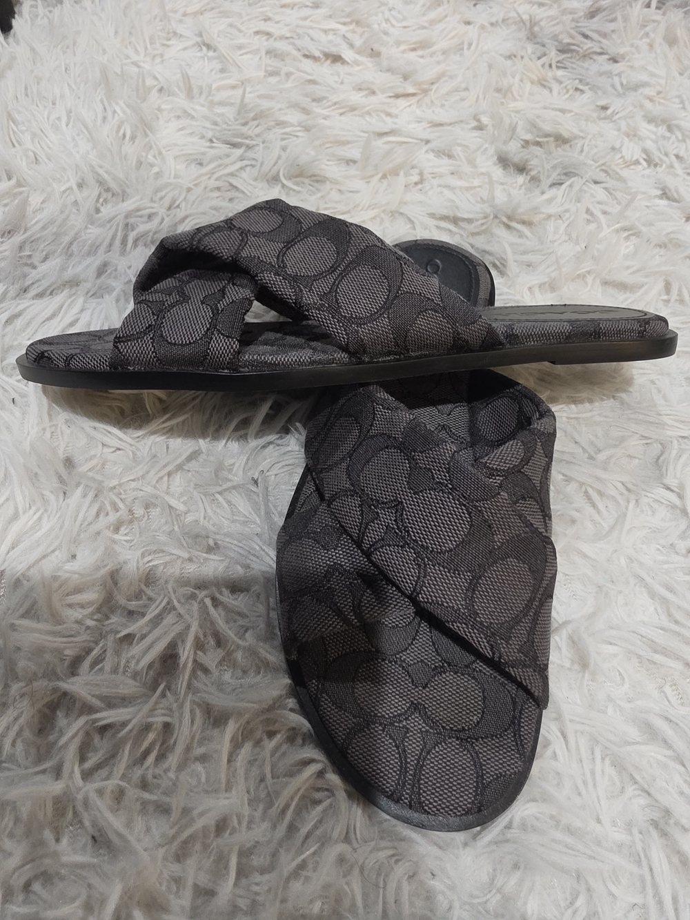 Coach Gray Cross-Band Signature Slide Sandals